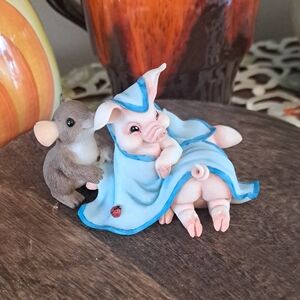 Fitz and Floyd Piglet and Mouse with Blue Blanket Figurine